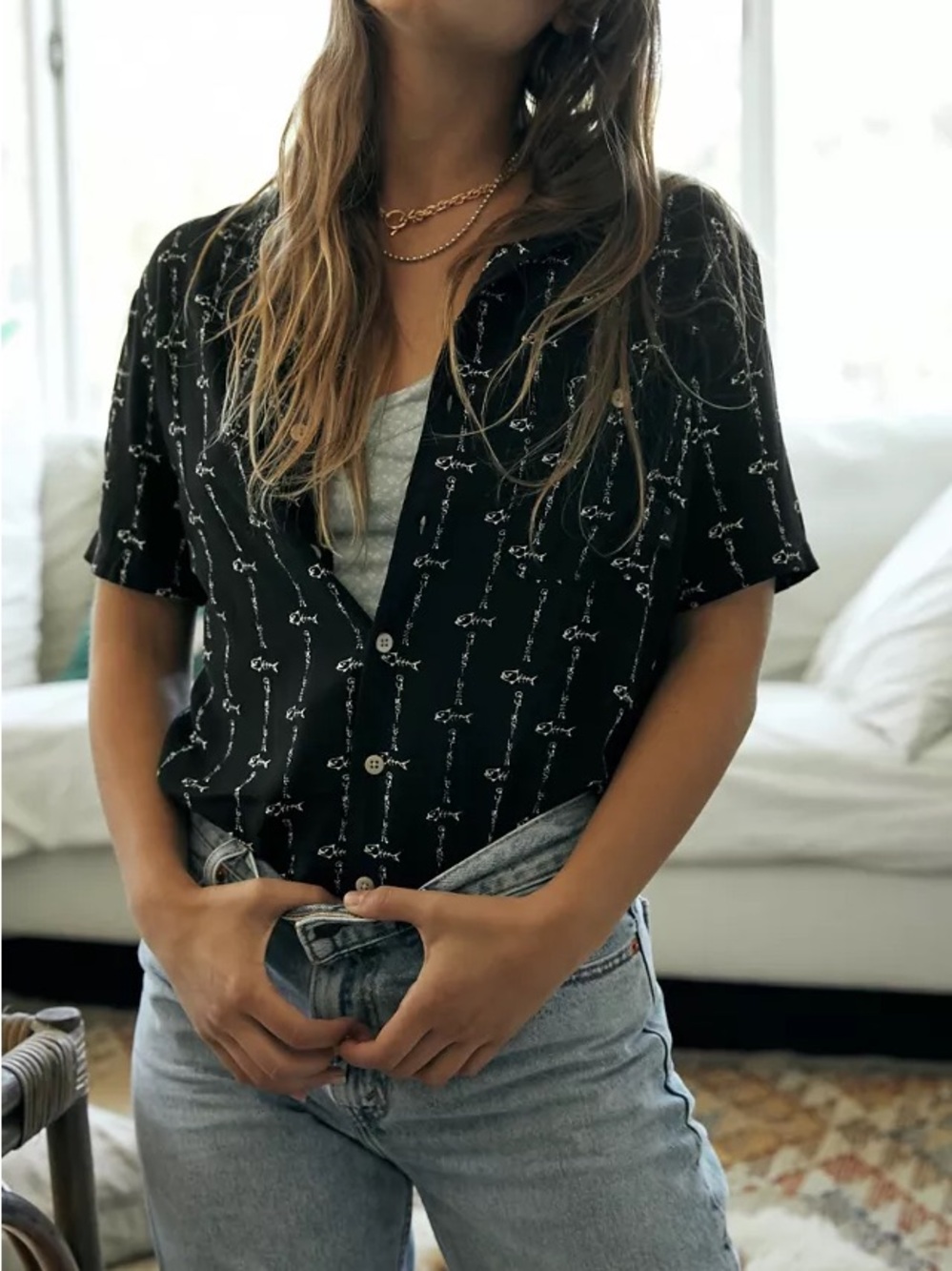 Urban Outfitters Quicksilver Black Button Down Fishbone Printed Camp Shirt Top